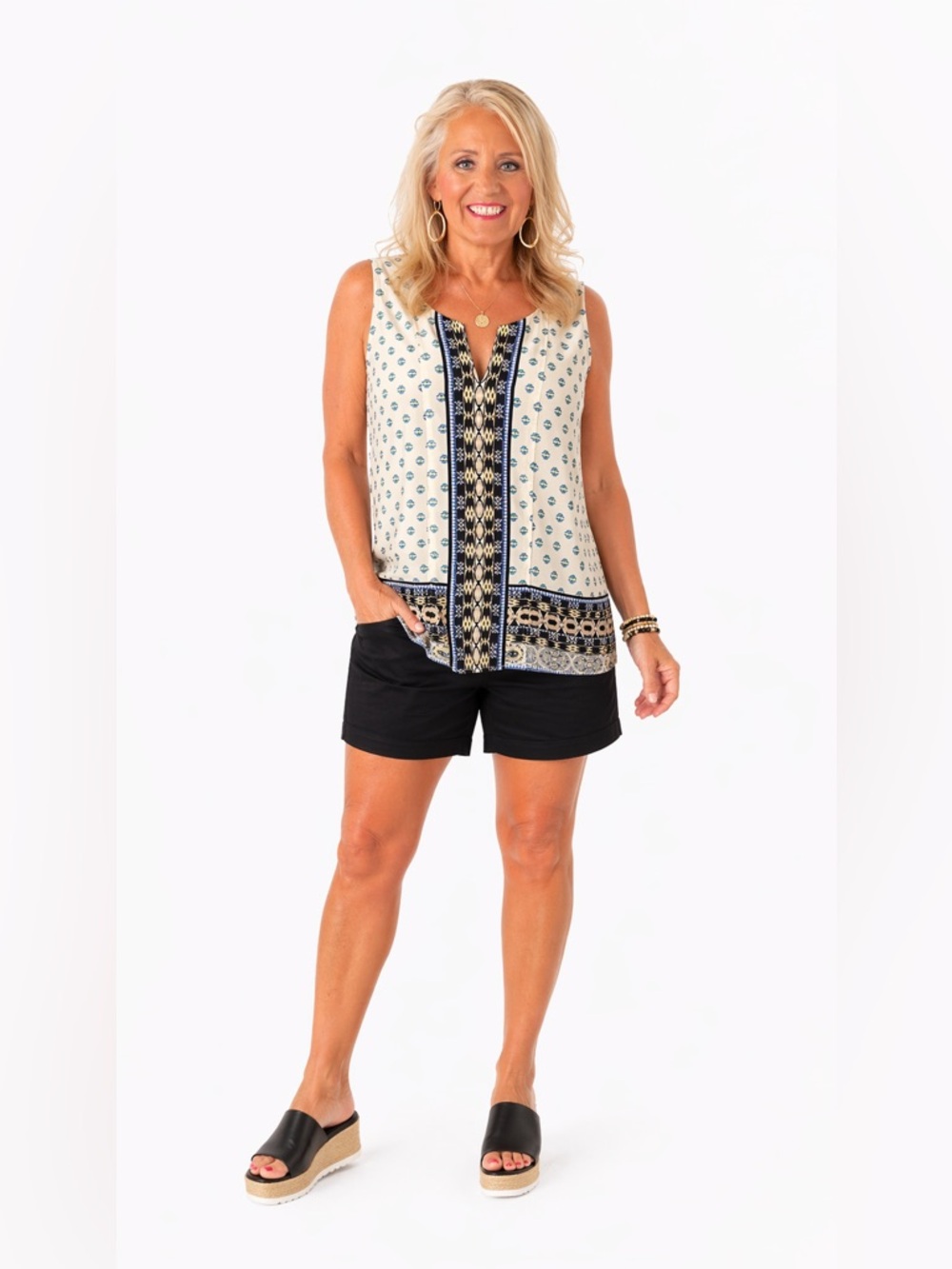 Laundry By Shelli Segal Cream and Navy Printed Sleeveless Top Size 6